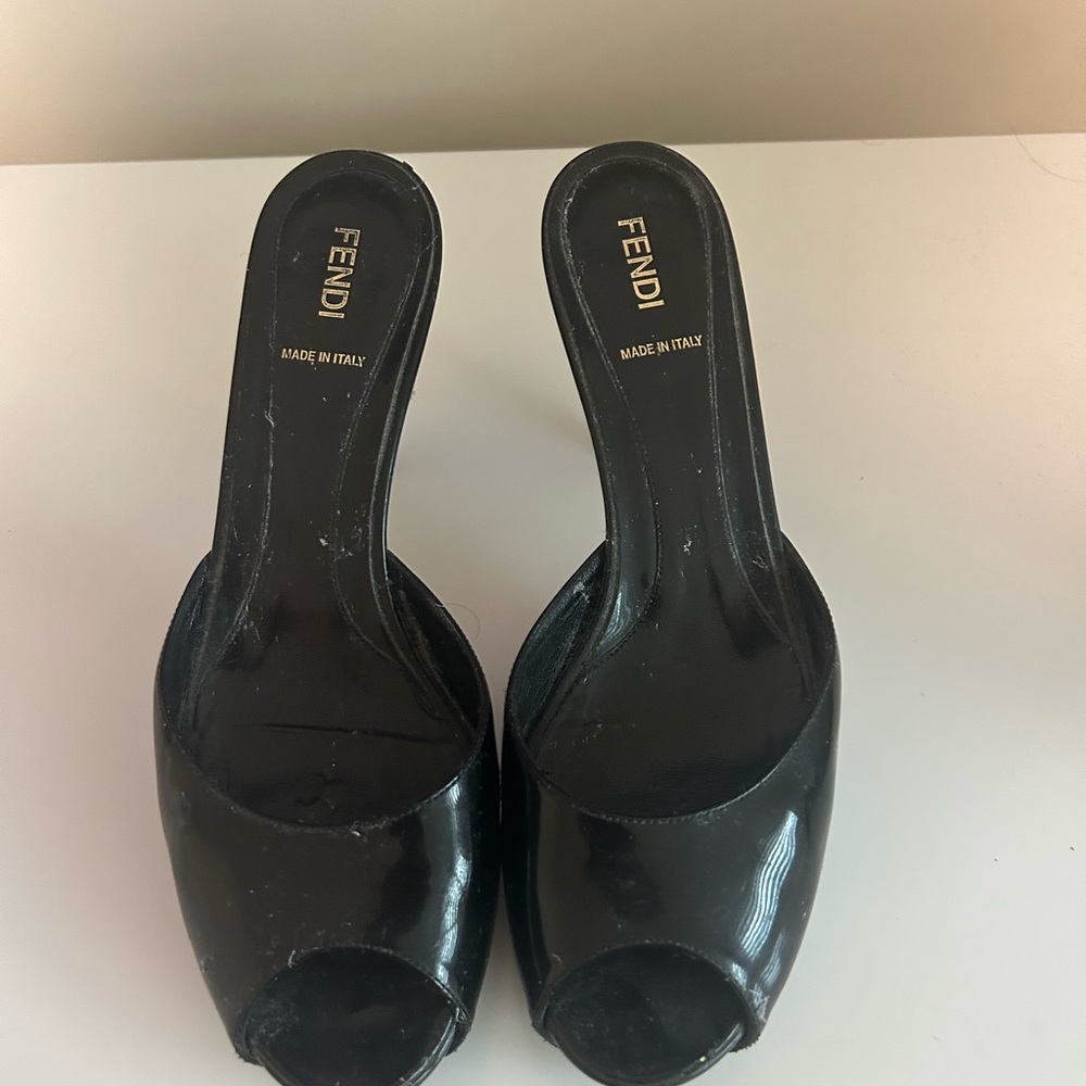 Fendi Black Patent Leather Mules